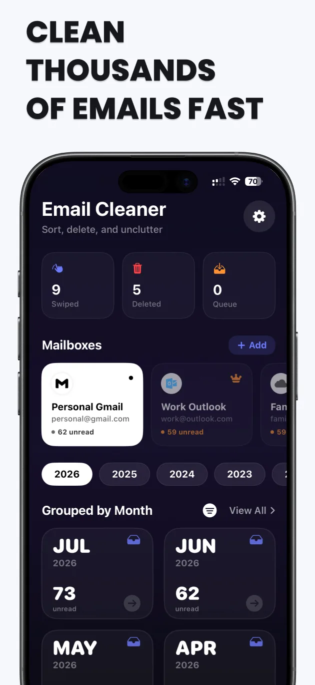 Swipe Email Cleaner - Dashboard & Main Features on iPhone