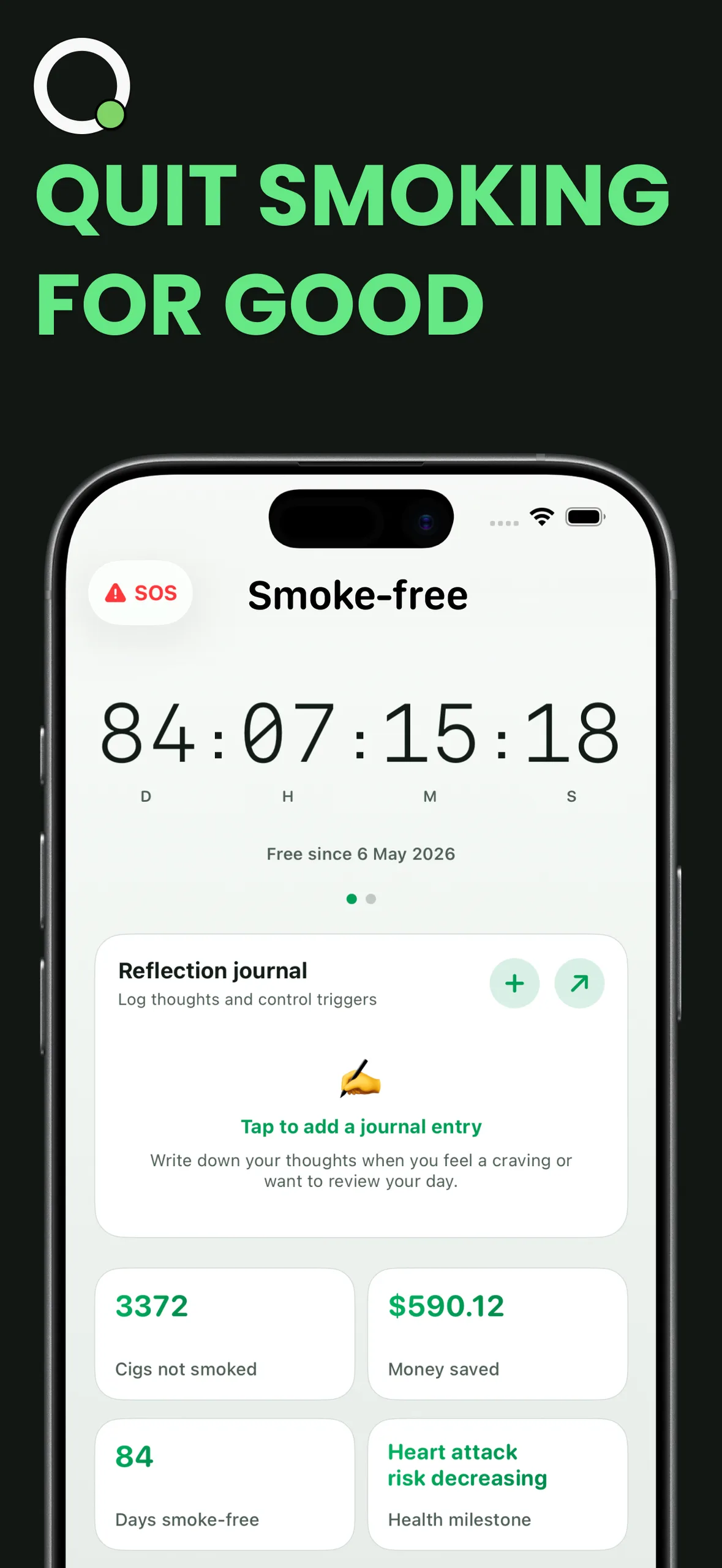 Quit Smoking Tracker - Dashboard & Main Features on iPhone